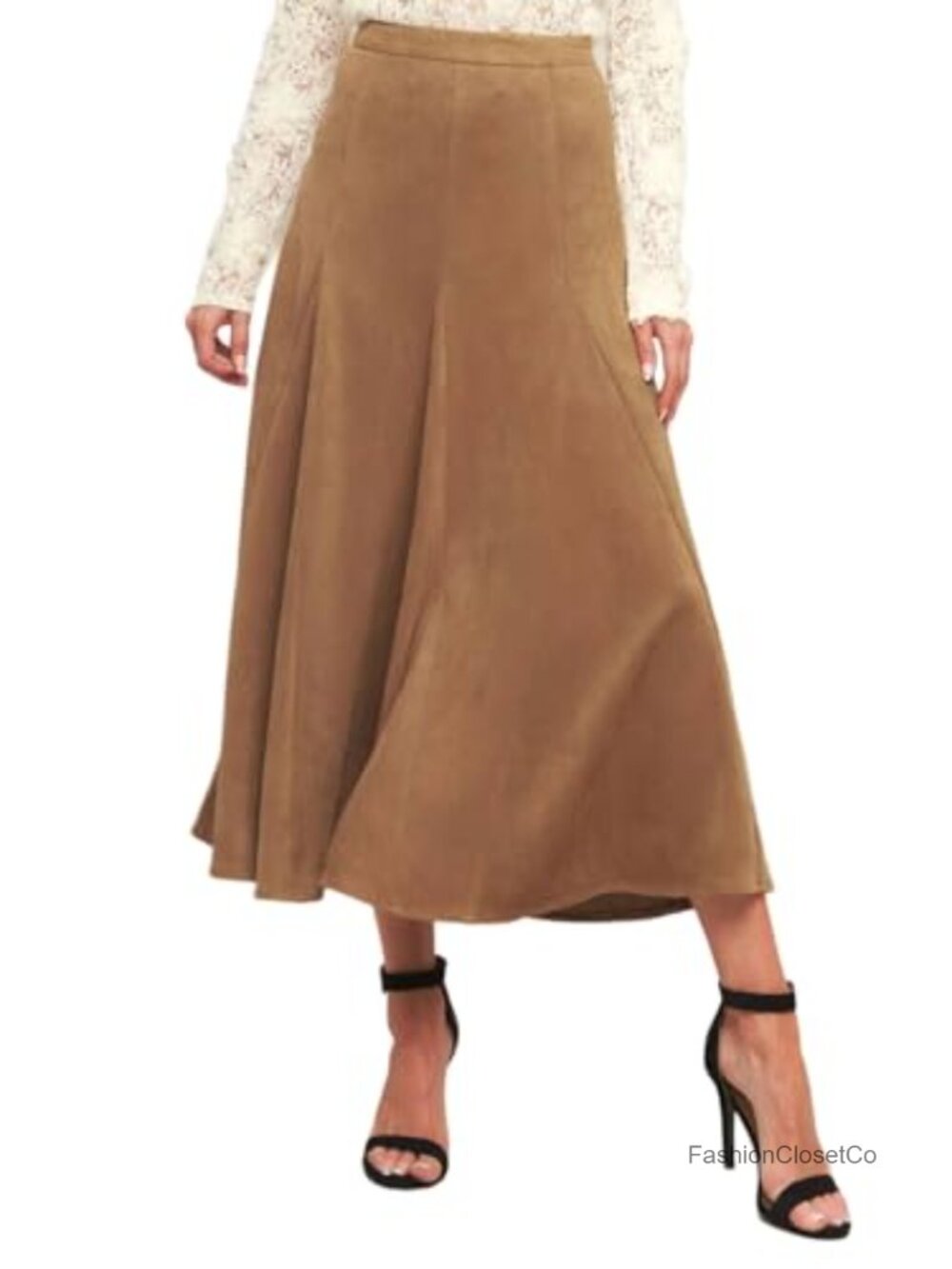 Faux Suede Ruffle High Waisted Midi A-Line Skirt Side Zipper Fall Winter
